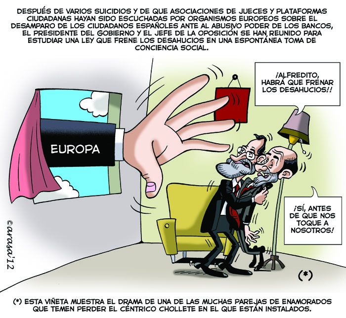 Chiste de humor grafico sobre Rajoy, Rubalcaba, la banca española y los desahucios