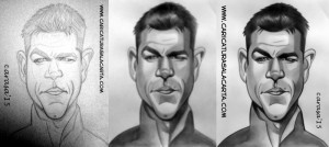 Caricaturas de famosos en balnco y negro: Matt Damon como Jason Bourne, proceso de creación