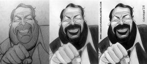 Montaje de la caricatura en blanco y negro de Bud Spencer en 3 fases