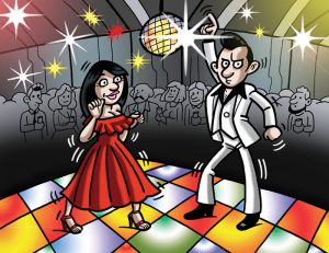 Ilustraciones con caricaturas personalizadas para invitación de bodas. Discoteca