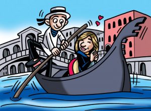 Ilustraciones con caricaturas personalizadas para invitación de bodas. Venecia