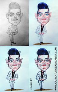 Montaje que ilustra el proceso de creación de la caricatura en una hora de Rami Malek