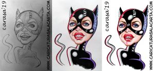 Montaje de imágenes con el proceso de creación de la caricatura de Michelle Pfeiffer caracterizada de Catwoman en 3 fases