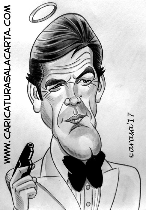 Caricaturas en blanco y negro de famosos: Roger Moore, el Santo y James Bond 007