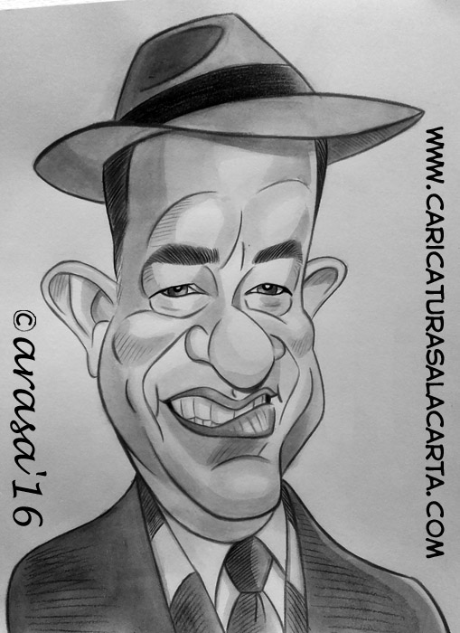 Caricatura rápida en blanco y negro pintada con acuarela y lápiz de color en tonos grises del famoso actor Tom Hanks