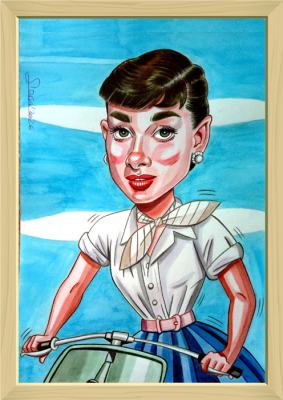 Actores clásicos: caricatura o ilustración de Audrey Hepburn en Vacaciones en Roma