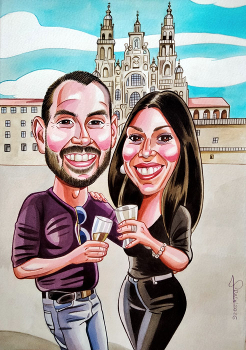 Caricatura a acuarela para Montse y Jordi