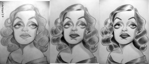 Bette Davis en caricatura en blanco y negro en proceso Proceso de Caricatura de Bette Davis
